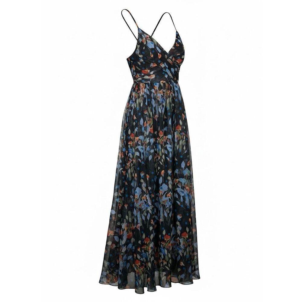 LUXXEL Black Floral Whimsigoth, Dark Fantasy, Maxi Gown Criss-Cross Back Sz S